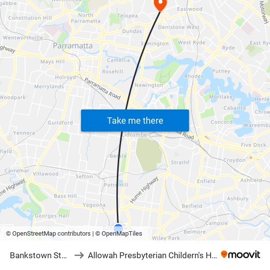 Bankstown Station to Allowah Presbyterian Childern's Hospital map