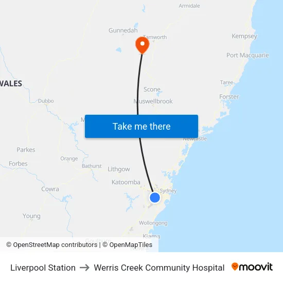 Liverpool Station to Werris Creek Community Hospital map