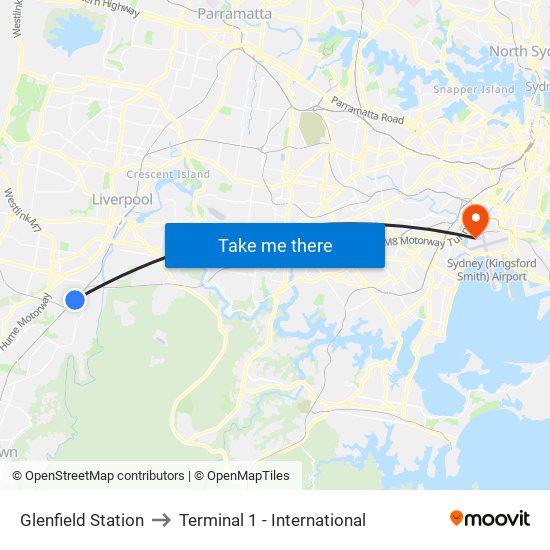 Glenfield Station to Terminal 1 - International map