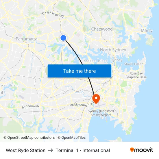 West Ryde Station to Terminal 1 - International map