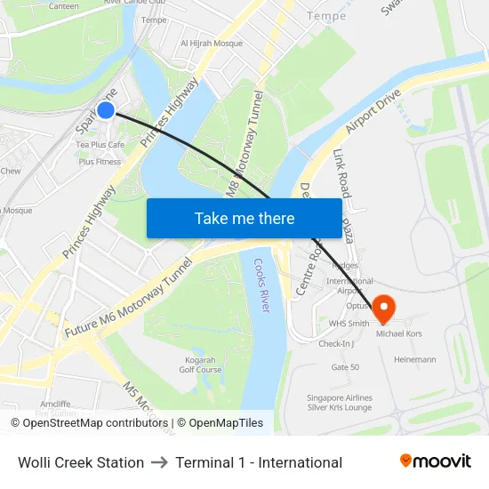Wolli Creek Station to Terminal 1 - International map