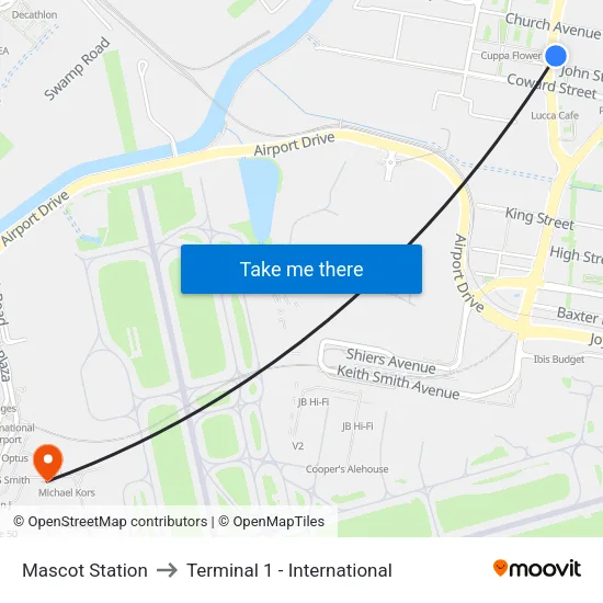 Mascot Station to Terminal 1 - International map