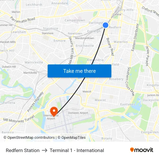 Redfern Station to Terminal 1 - International map