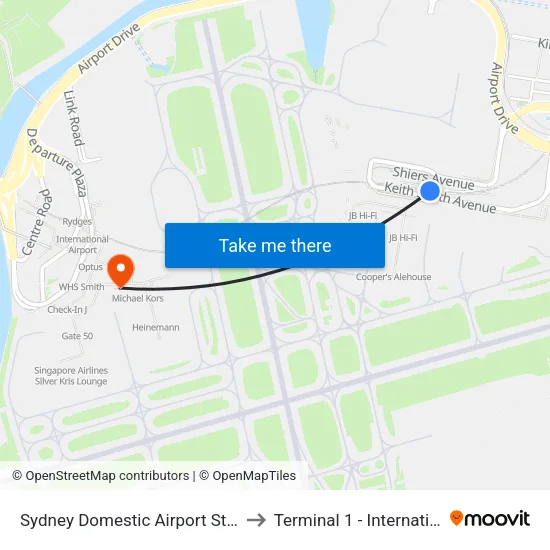 Sydney Domestic Airport Station to Terminal 1 - International map