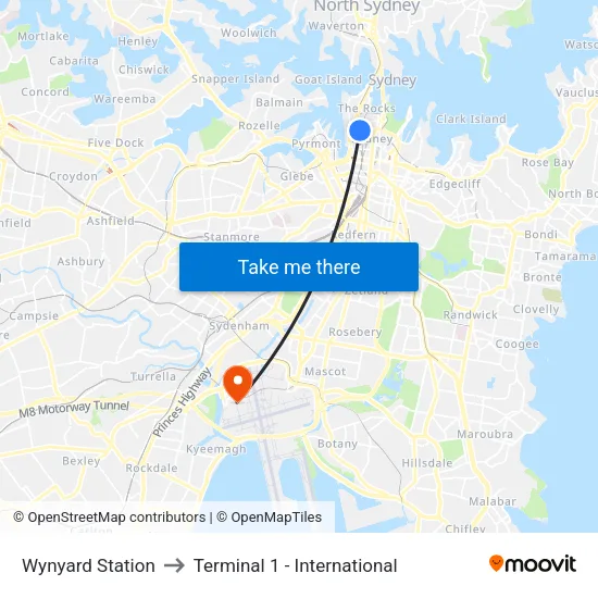 Wynyard Station to Terminal 1 - International map
