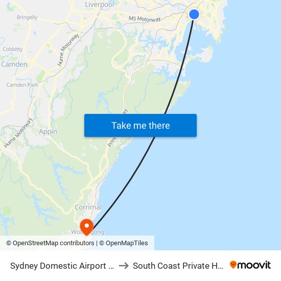 Sydney Domestic Airport Station to South Coast Private Hospital map