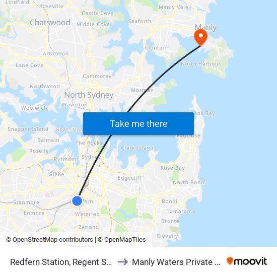 Redfern Station, Regent St, Stand C to Manly Waters Private Hospital map