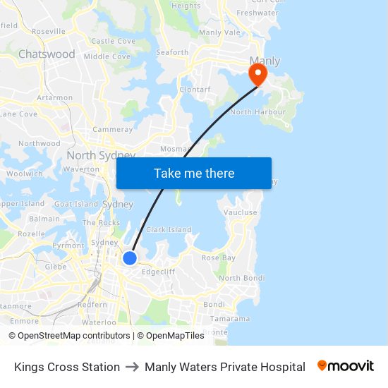 Kings Cross Station to Manly Waters Private Hospital map