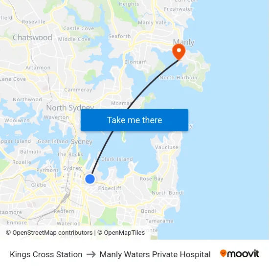 Kings Cross Station to Manly Waters Private Hospital map