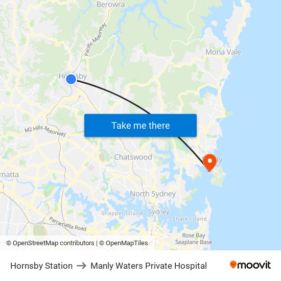 Hornsby Station to Manly Waters Private Hospital map