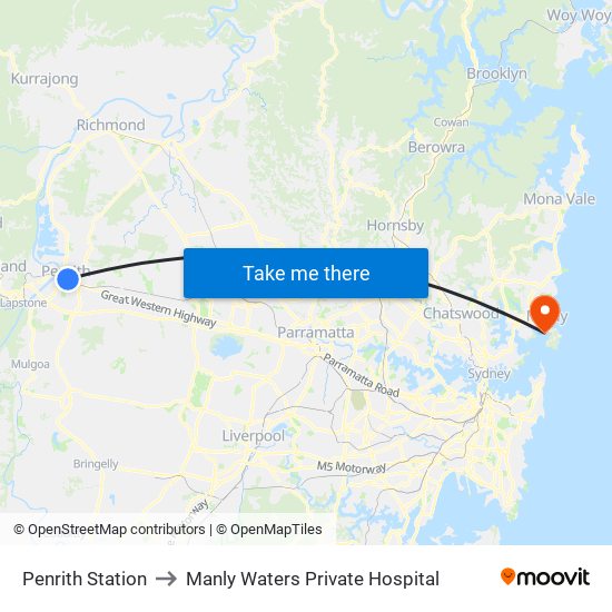 Penrith Station to Manly Waters Private Hospital map
