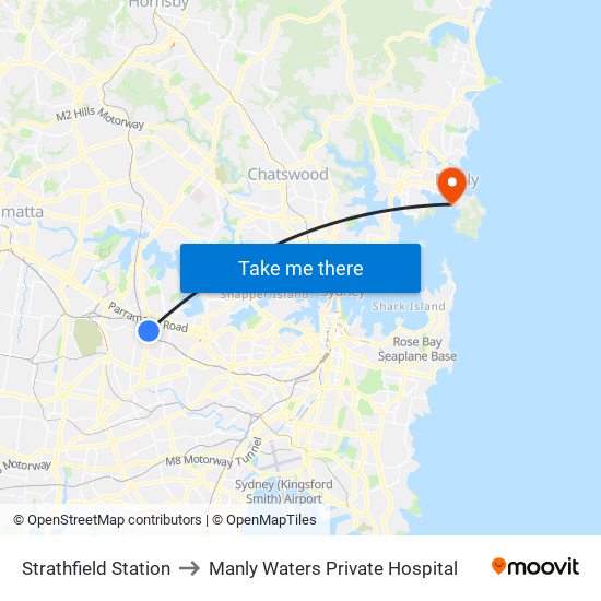 Strathfield Station to Manly Waters Private Hospital map