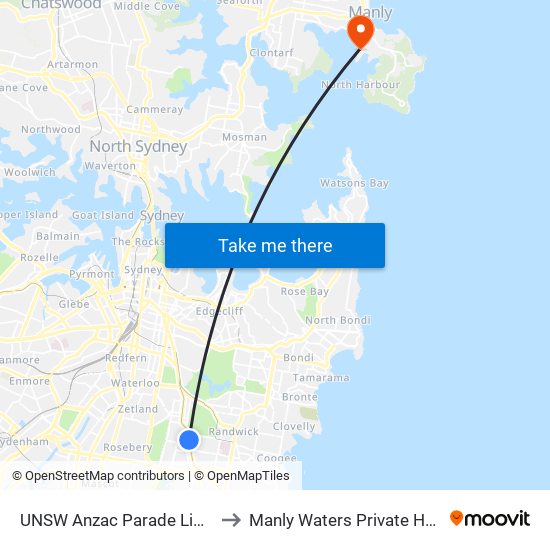 UNSW Anzac Parade Light Rail to Manly Waters Private Hospital map