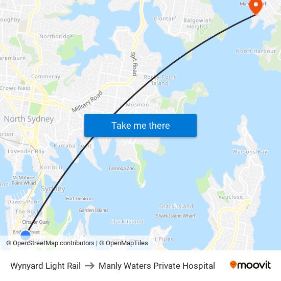 Wynyard Light Rail to Manly Waters Private Hospital map