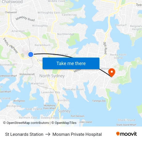 St Leonards Station to Mosman Private Hospital map