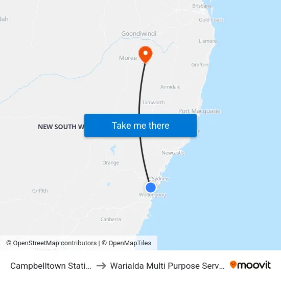 Campbelltown Station to Warialda Multi Purpose Service map