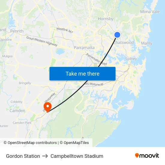 Gordon Station to Campbelltown Stadium map