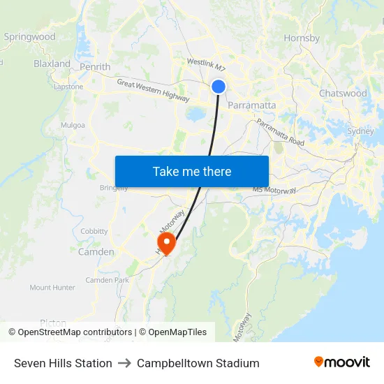 Seven Hills Station to Campbelltown Stadium map