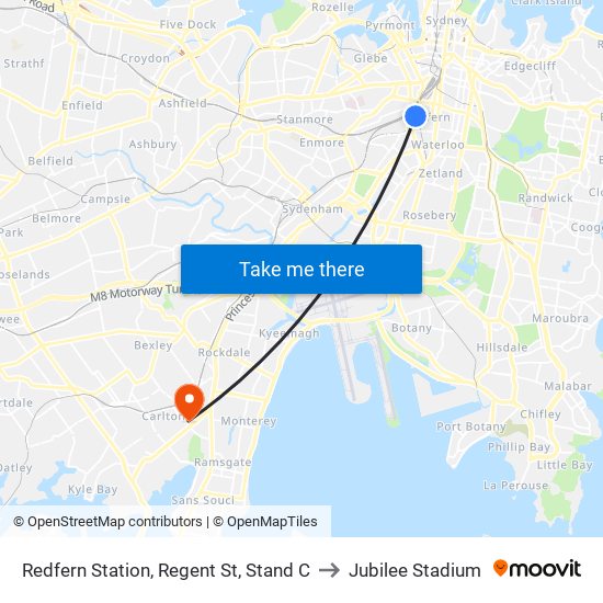 Redfern Station, Regent St, Stand C to Jubilee Stadium map