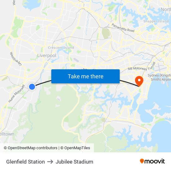 Glenfield Station to Jubilee Stadium map