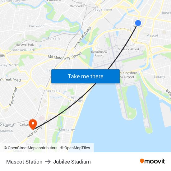 Mascot Station to Jubilee Stadium map