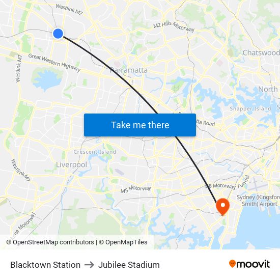 Blacktown Station to Jubilee Stadium map