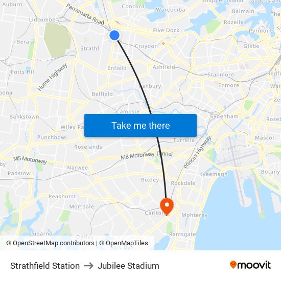 Strathfield Station to Jubilee Stadium map