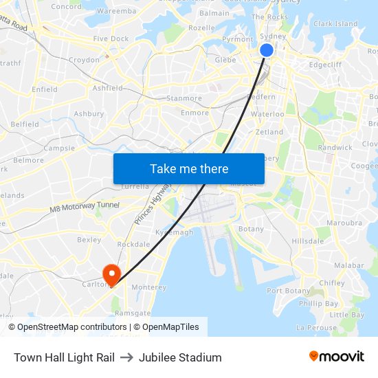 Town Hall Light Rail to Jubilee Stadium map