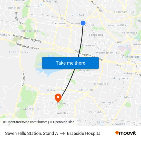 Seven Hills Station, Stand A to Braeside Hospital map