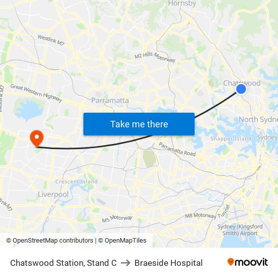 Chatswood Station, Stand C to Braeside Hospital map