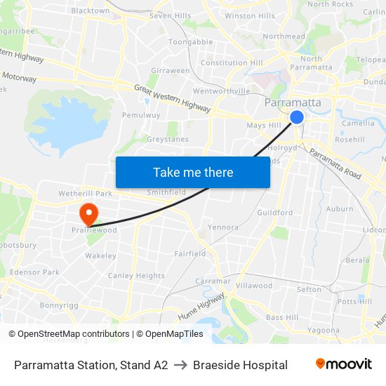 Parramatta Station, Stand A2 to Braeside Hospital map