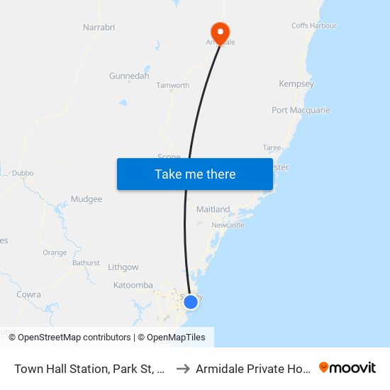 Town Hall Station, Park St, Stand J to Armidale Private Hospital map