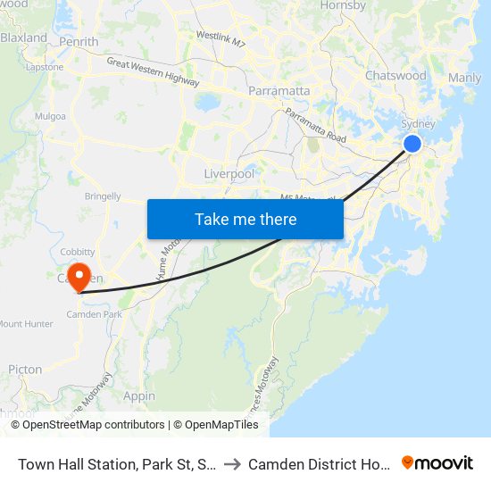 Town Hall Station, Park St, Stand J to Camden District Hospital map