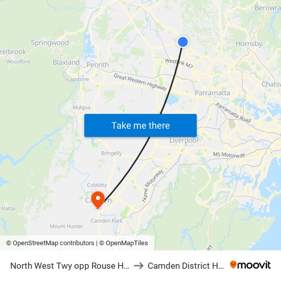 North West Twy opp Rouse Hill Station to Camden District Hospital map