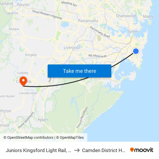 Juniors Kingsford Light Rail, Stand B to Camden District Hospital map