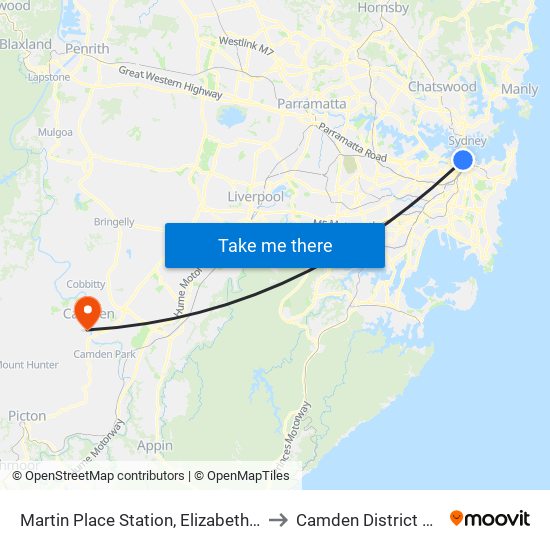 Martin Place Station, Elizabeth St, Stand E to Camden District Hospital map