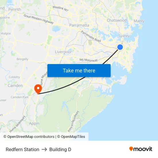 Redfern Station to Building D map
