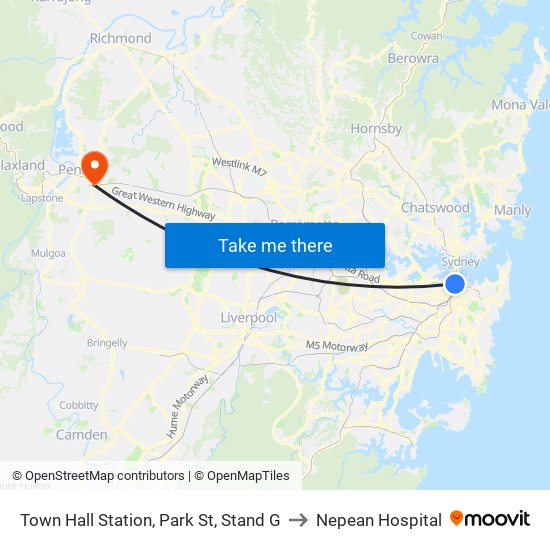 Town Hall Station, Park St, Stand G to Nepean Hospital map