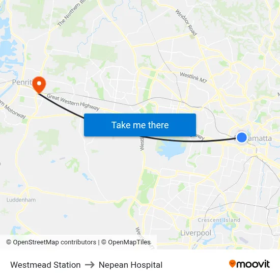 Westmead Station to Nepean Hospital map