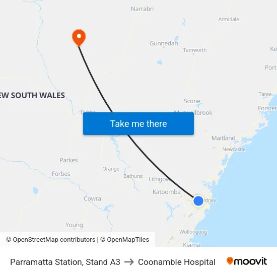 Parramatta Station, Stand A3 to Coonamble Hospital map