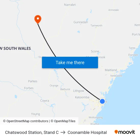 Chatswood Station, Stand C to Coonamble Hospital map