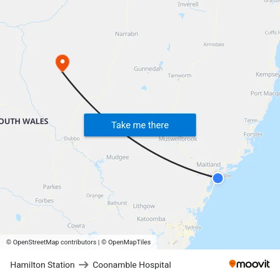 Hamilton Station to Coonamble Hospital map