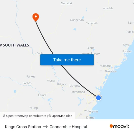 Kings Cross Station to Coonamble Hospital map