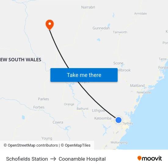 Schofields Station to Coonamble Hospital map