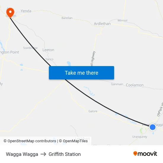 Wagga Wagga to Griffith Station map