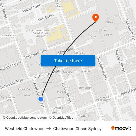 Westfield Chatswood to Chatswood Chase Sydney map