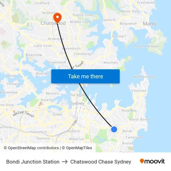 Bondi Junction Station to Chatswood Chase Sydney map