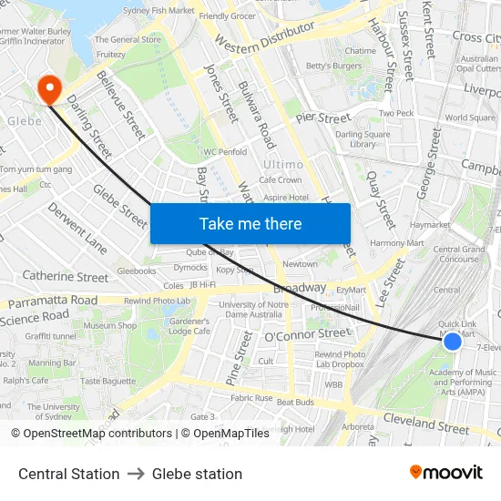 Central Station to Glebe station map