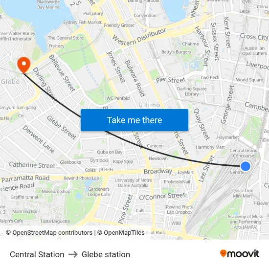 Central Station to Glebe station map