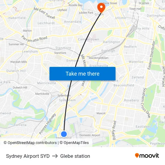 Sydney Airport SYD to Glebe station map